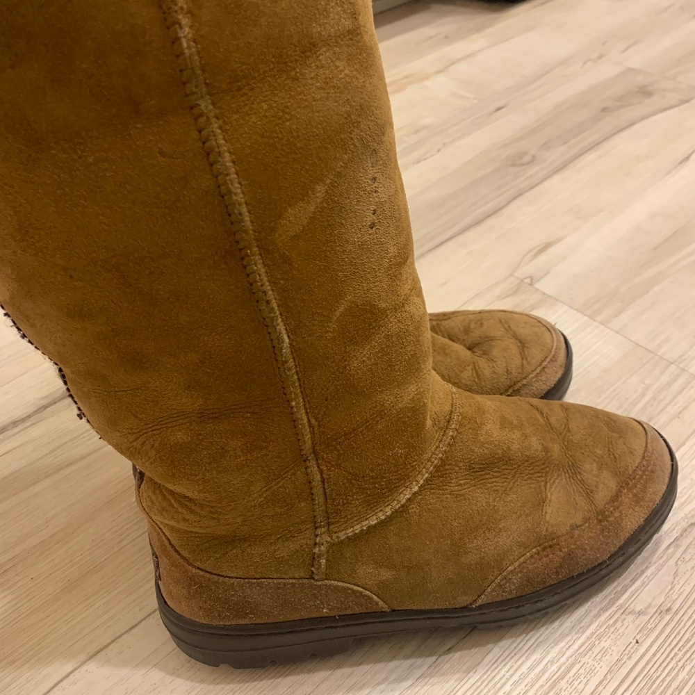 UGG Australia Ultra Tall Women's Braid Suede Sheepskin Chestnut Size W9 #5245